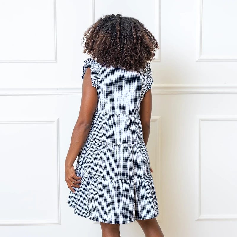 Hope & Henry Women's Organic Cotton Flutter Sleeve Short Tiered Dress
