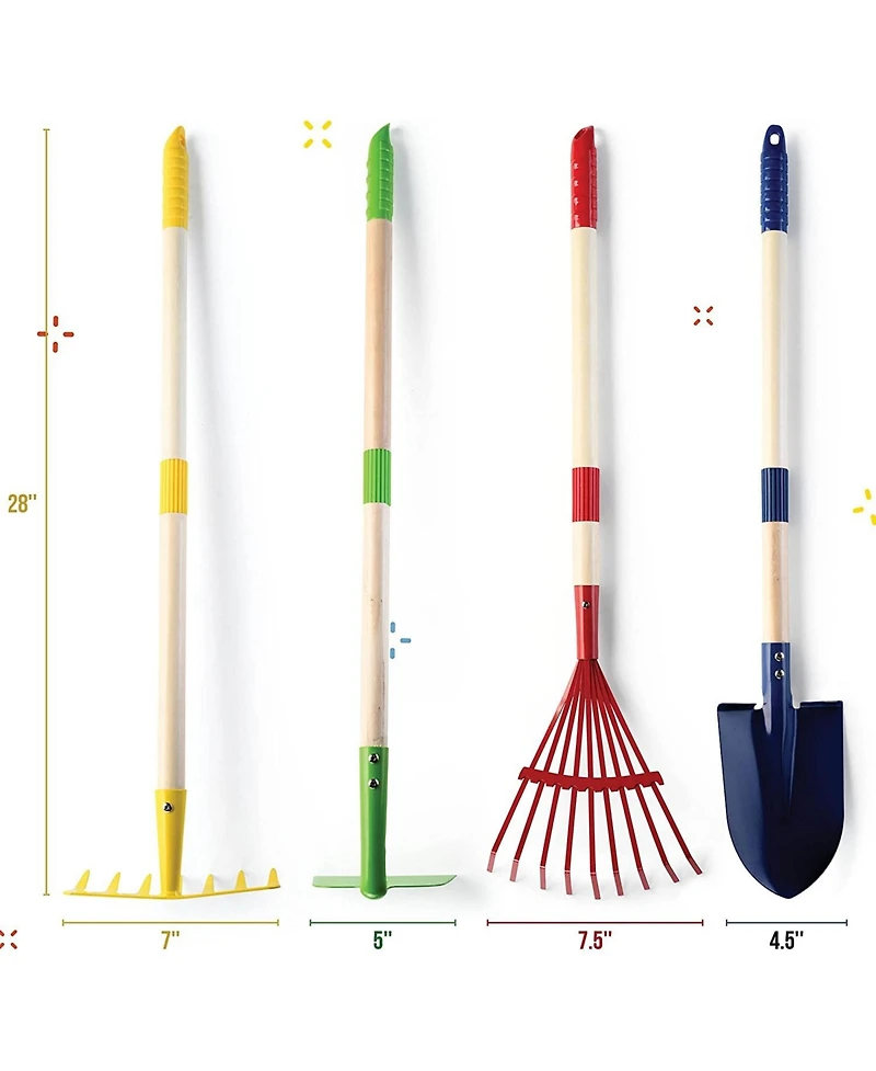 Play22usa Garden Tool Set Toy 4-Piece - Shovel, Rake, Hoe, Leaf Rake