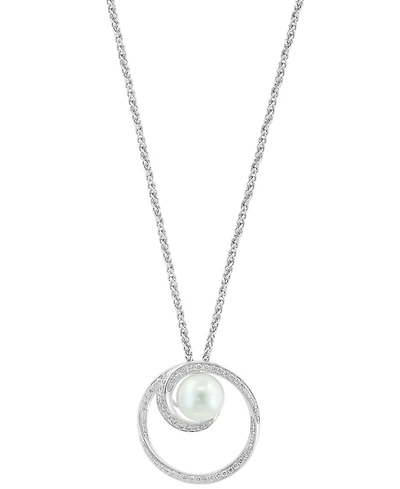 Effy Freshwater Pearl (8-1/2mm) & Diamond (1/3 ct. t.w.) Swirling Circle 18" Pendant Necklace in Sterling Silver