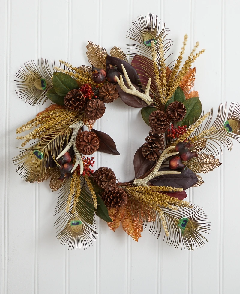 Nearly Natural 27" Magnolia Leaf, Berry, Antler & Peacock Feather Artificial Wreath