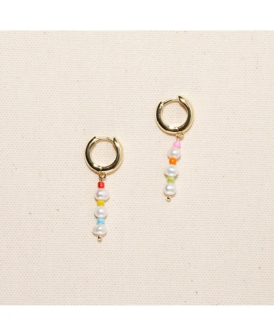 18K Gold Plated Freshwater Pearls with Colored Glass Beads - Amber Earrings For Women