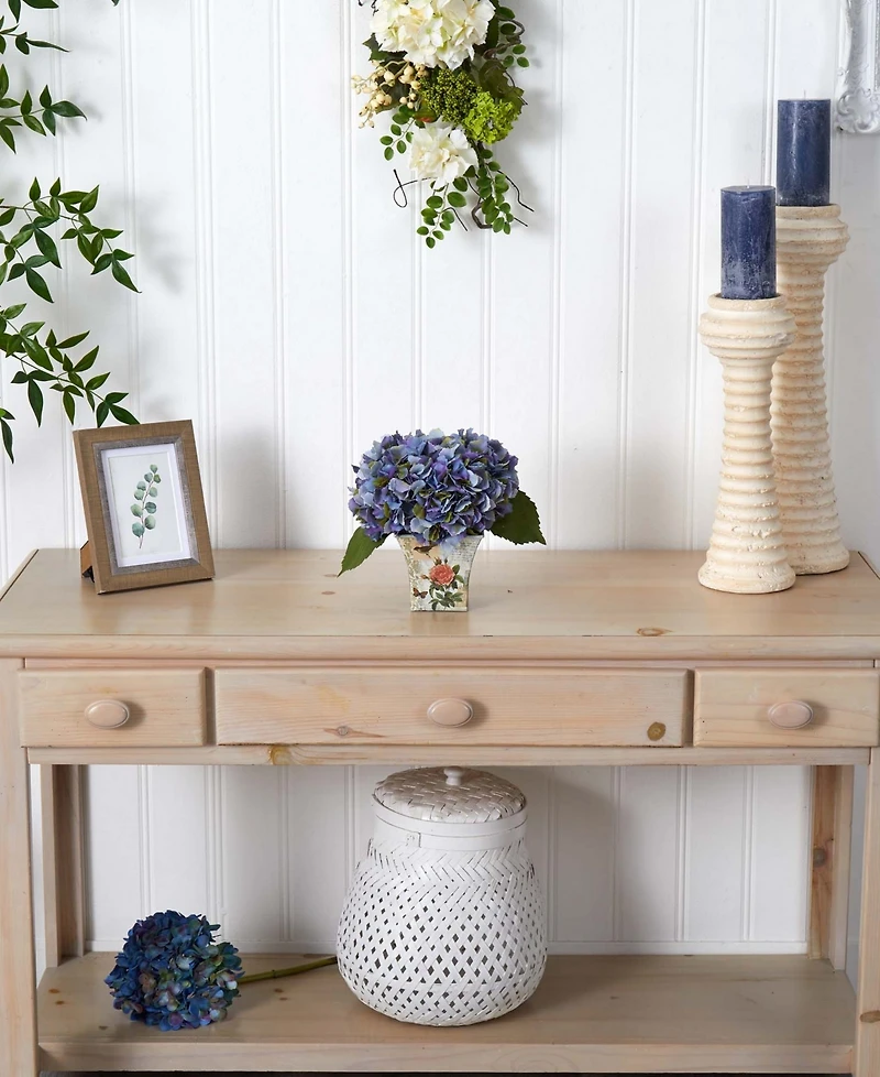 Nearly Natural Blue Hydrangea Artificial Arrangement with Floral Planter