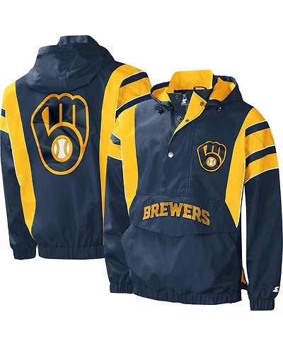 Men's Starter Navy Milwaukee Brewers Impact Hoodie Half-Zip Jacket