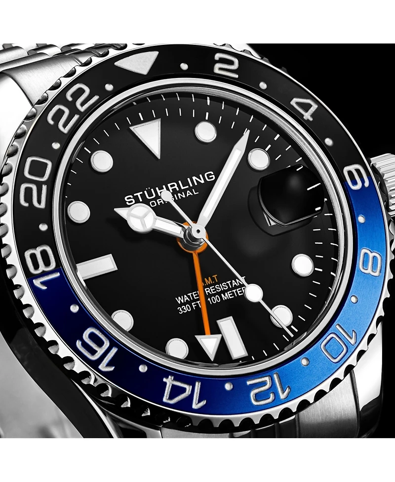 Stuhrling Meridian 3968 Men s Gmt Diver Watch – Quartz Movement, 42mm Stainless Steel Case, Black Dial, Blue/Black Bezel