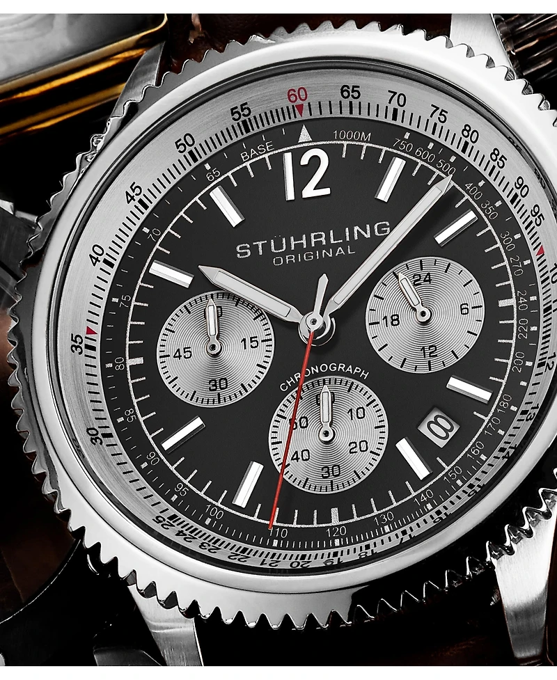 Stuhrling Men's Monaco Black|Silver-tone Stainless Steel , Black Dial , 47mm Round Watch