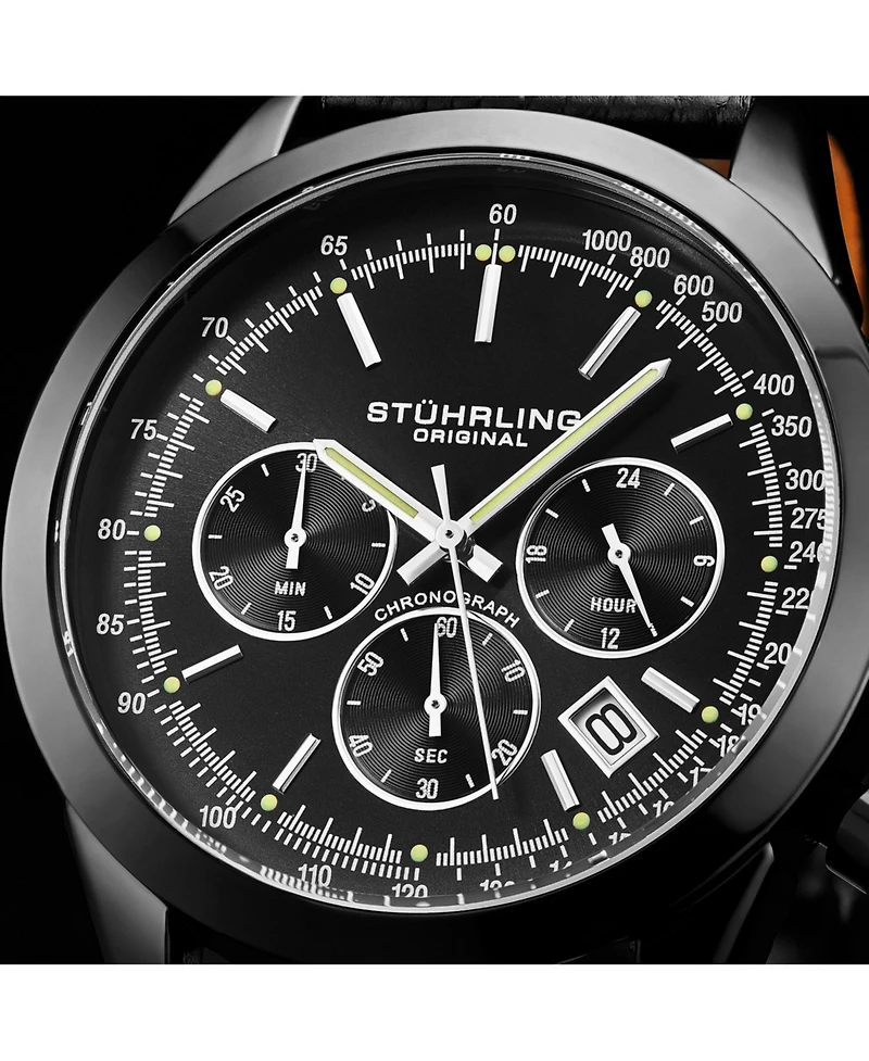 Stuhrling Men's Monaco Black Leather, Black Dial, 44mm Round Watch