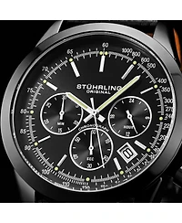 Stuhrling Men's Monaco Black Leather, Black Dial, 44mm Round Watch