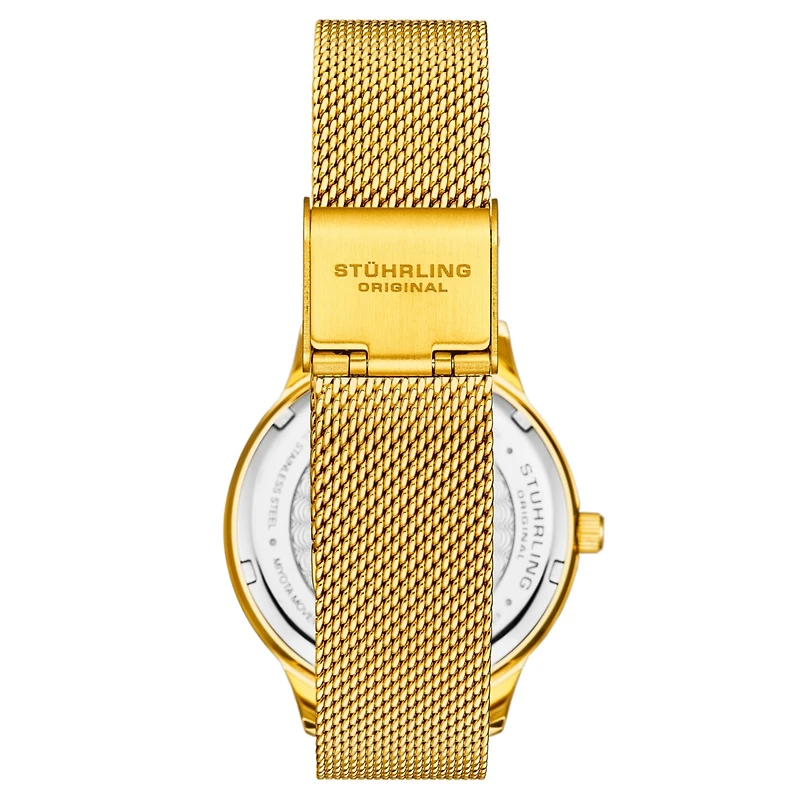 Stuhrling Women's Quartz Crystal Studded Gold Case and Gold Mesh Bracelet, Silver Dial, Gold Hands and Markers Watch