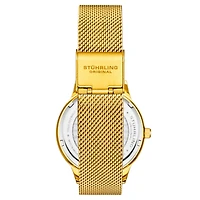 Stuhrling Women's Quartz Crystal Studded Gold Case and Gold Mesh Bracelet, Silver Dial, Gold Hands and Markers Watch