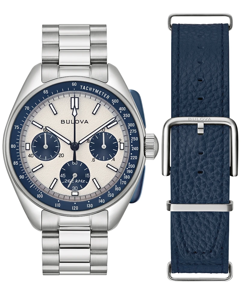 Bulova Men's Chronograph Archive Lunar Pilot Stainless Steel Bracelet Watch Box Set 44mm
