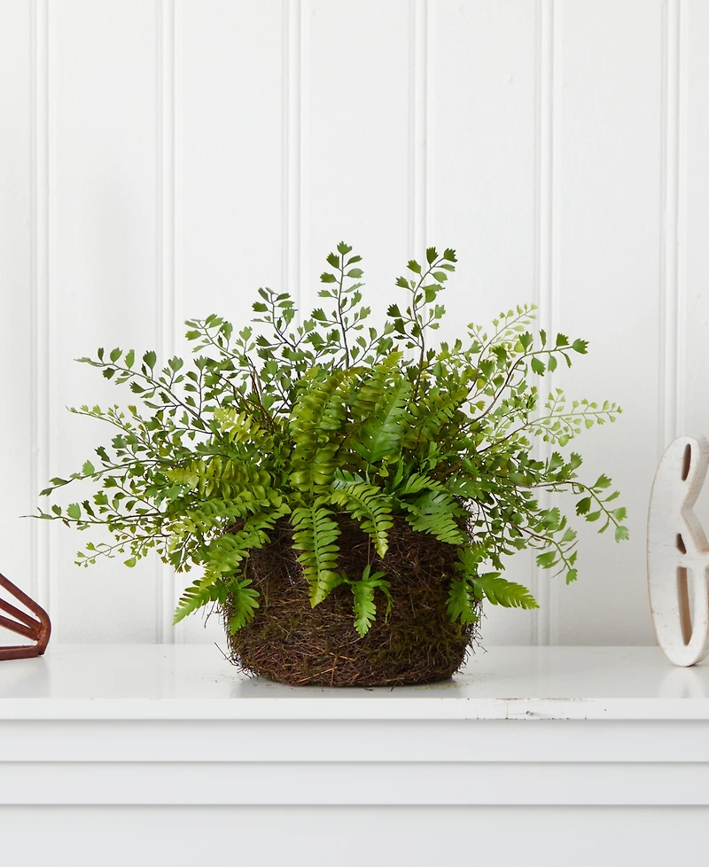 Nearly Natural Mixed Fern with Twig & Moss Basket