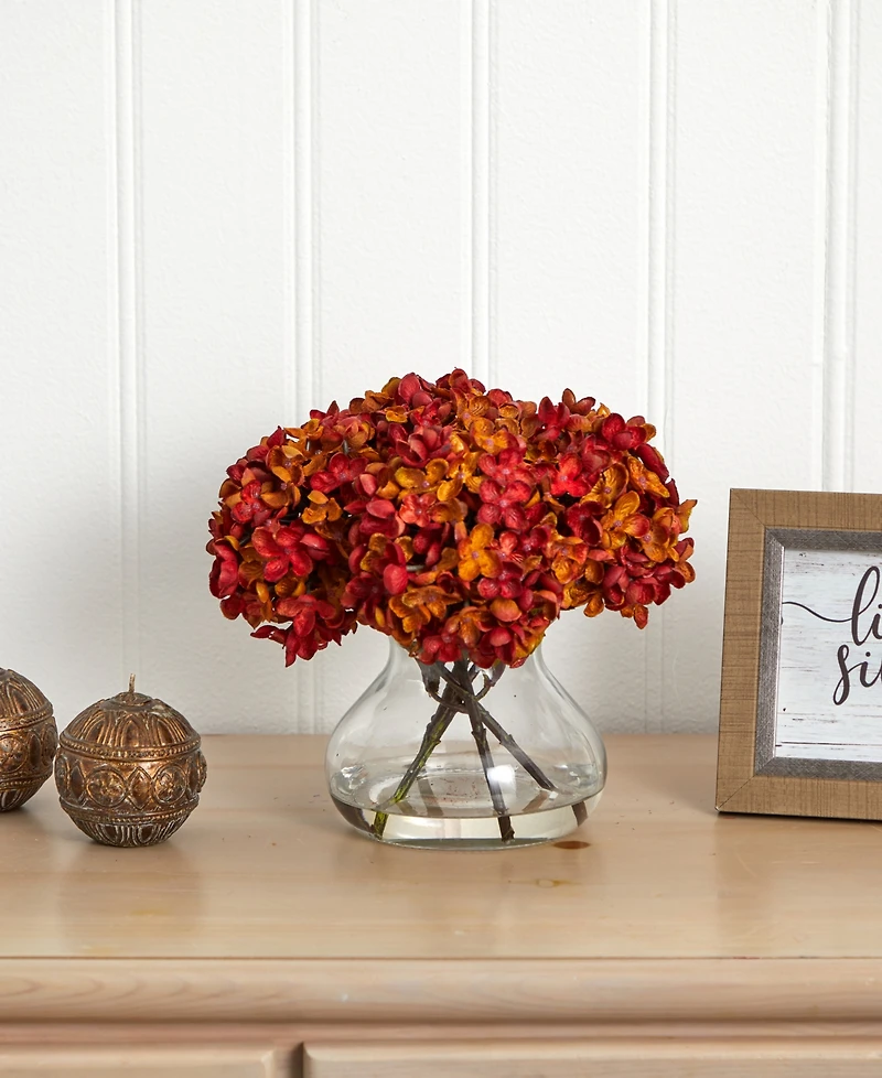 Nearly Natural 8.5"H Hydrangea Artificial Flower Arrangement with Glass Vase