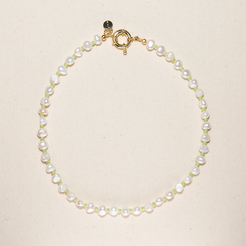 18K Gold Plated Freshwater Pearls with Green Glass Beads- Green Bean Necklace 17" For Women