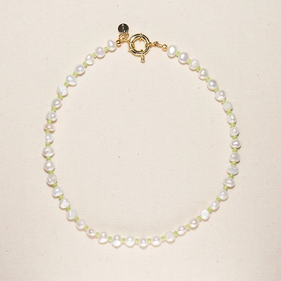 18K Gold Plated Freshwater Pearls with Green Glass Beads- Green Bean Necklace 17" For Women