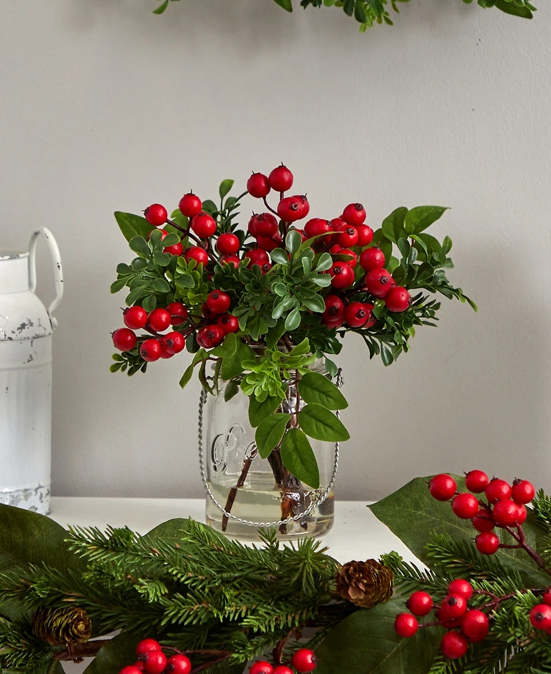 Nearly Natural Berry Boxwood in Glass Jar