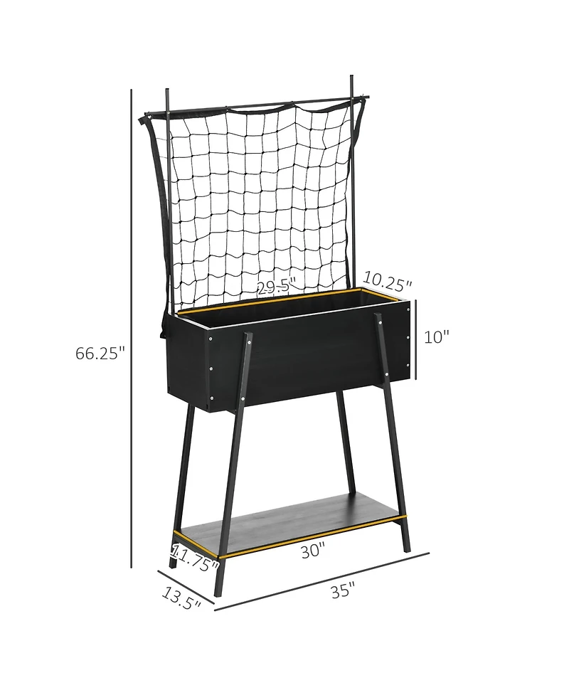Outsunny Raised Garden Bed with Climbing Grid Trellis & Storage Shelf, Elevated Planter Box for Vegetable Vines, Climbing Plants, Black