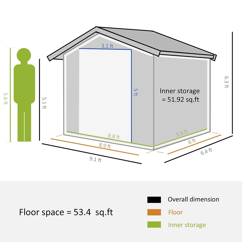 Outsunny 9' x 6' Storage Shed Garden Tool House w/ Vents Doors Dark