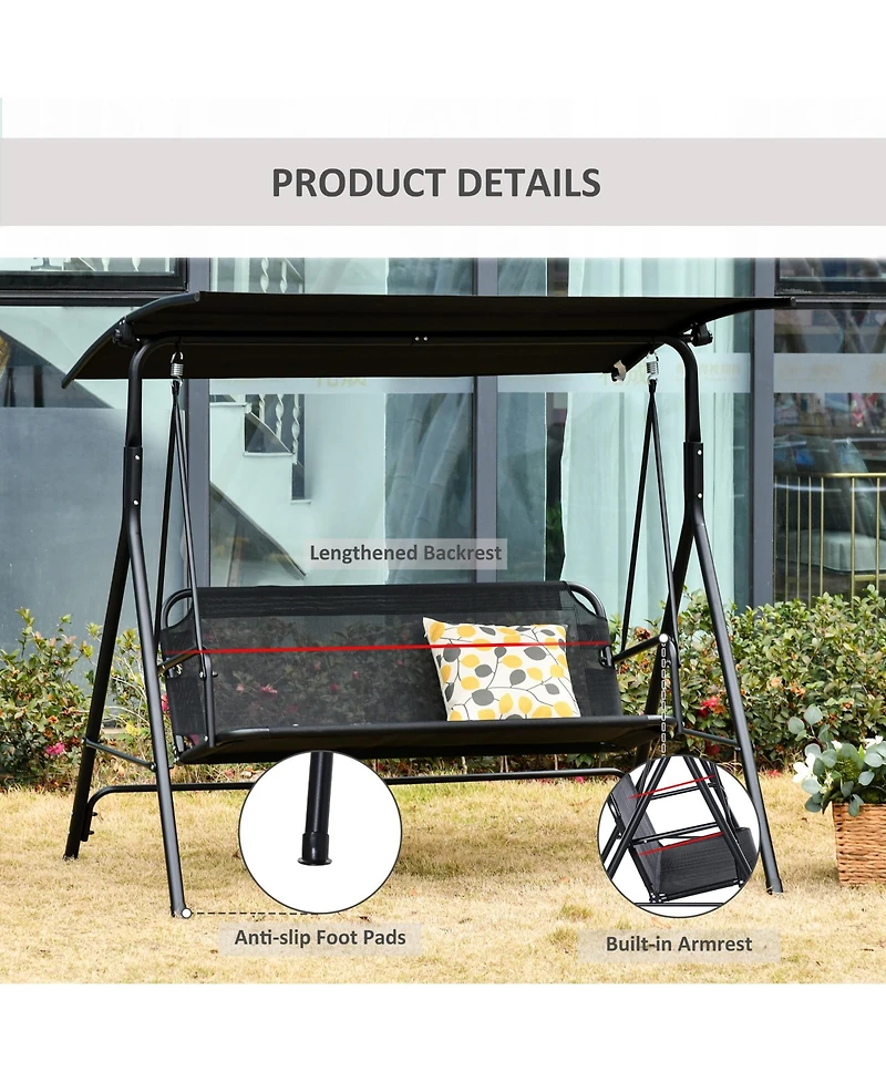 Outsunny Patio Swing Chair with Canopy, Seats 2 Adults Loveseat Bench with Adjustable Tilt Canopy, Armrests, A-Frame Steel