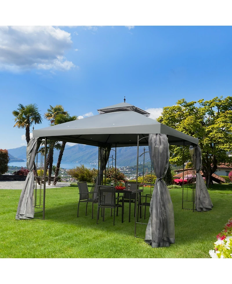 Outsunny 10' x 10' Steel Outdoor Patio Gazebo Canopy with Removable Mesh Curtains, Display Shelves, & Steel Frame, Grey