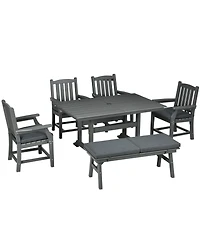 Outsunny 6 Pieces Patio Dining Set, 6 Seater Outdoor Table and Chairs, Conversation Furniture, Armrests, Loveseat Bench, Dinner Table with Umbrella Ho