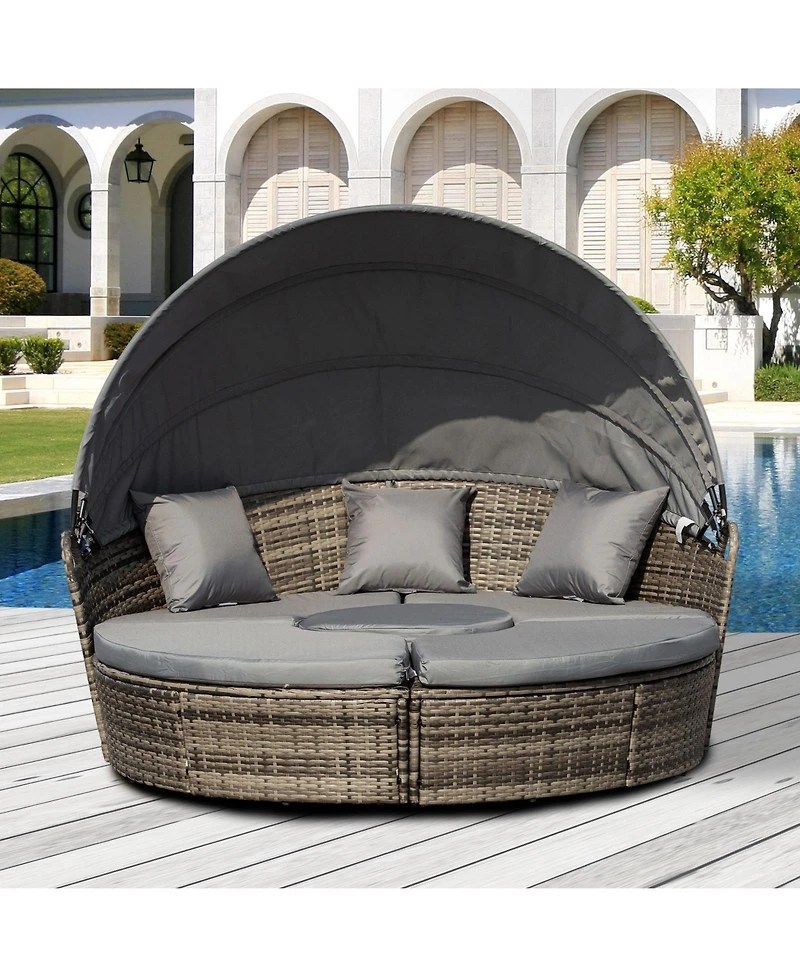 Outsunny 4-Piece Rattan Patio Furniture Set, Round Convertible Daybed or Sunbed with Adjustable Sun Canopy, Sectional Sofa, 2 Chairs, Table
