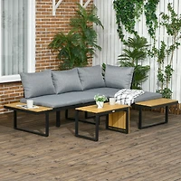 Outsunny 3 Piece Patio Furniture Set, Outdoor Sofa Set with Chaise Lounge & Loveseat, Soft Cushions, Woodgrain Plastic Table, L-Shaped Sectional Couch
