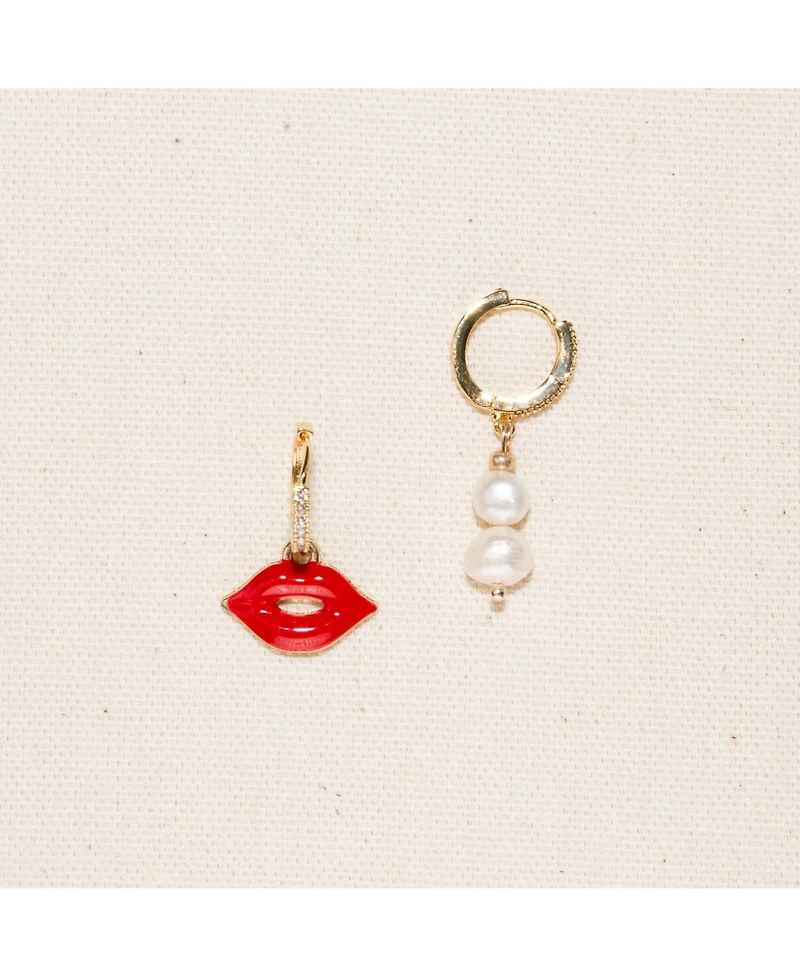 18k Gold Plated Huggies Freshwater Pearls with a Red Enamel Lip Charm - Lip Lip Earrings For Women