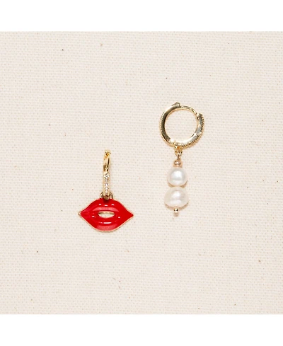 18k Gold Plated Huggies Freshwater Pearls with a Red Enamel Lip Charm - Lip Lip Earrings For Women