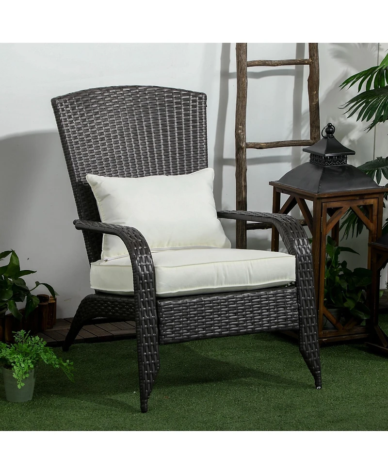 Outsunny Patio Wicker Adirondack Chair, Outdoor All-Weather Rattan Fire Pit Chairs w/ Soft Cushions, Tall Backrest, Tilted Seat, and Comfortable Armre