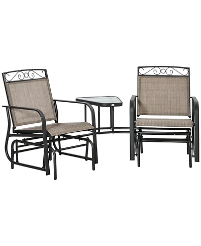 Outsunny Outdoor Glider Chairs with Coffee Table, Patio 2-Seat Rocking Chair Swing with Breathable Sling for Backyard, Garden and Porch, Brown