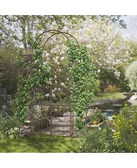 Outsunny Garden Gate Arbor Wedding Arch with Doors Plant Shelves,