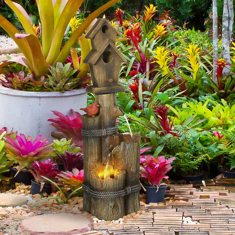 Outsunny Outdoor Fountain with Backyard Birdhouse Tree Trunk Design