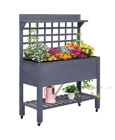 Outsunny 41" Raised Garden Bed with Wheels, Trellis & Storage Shelves,