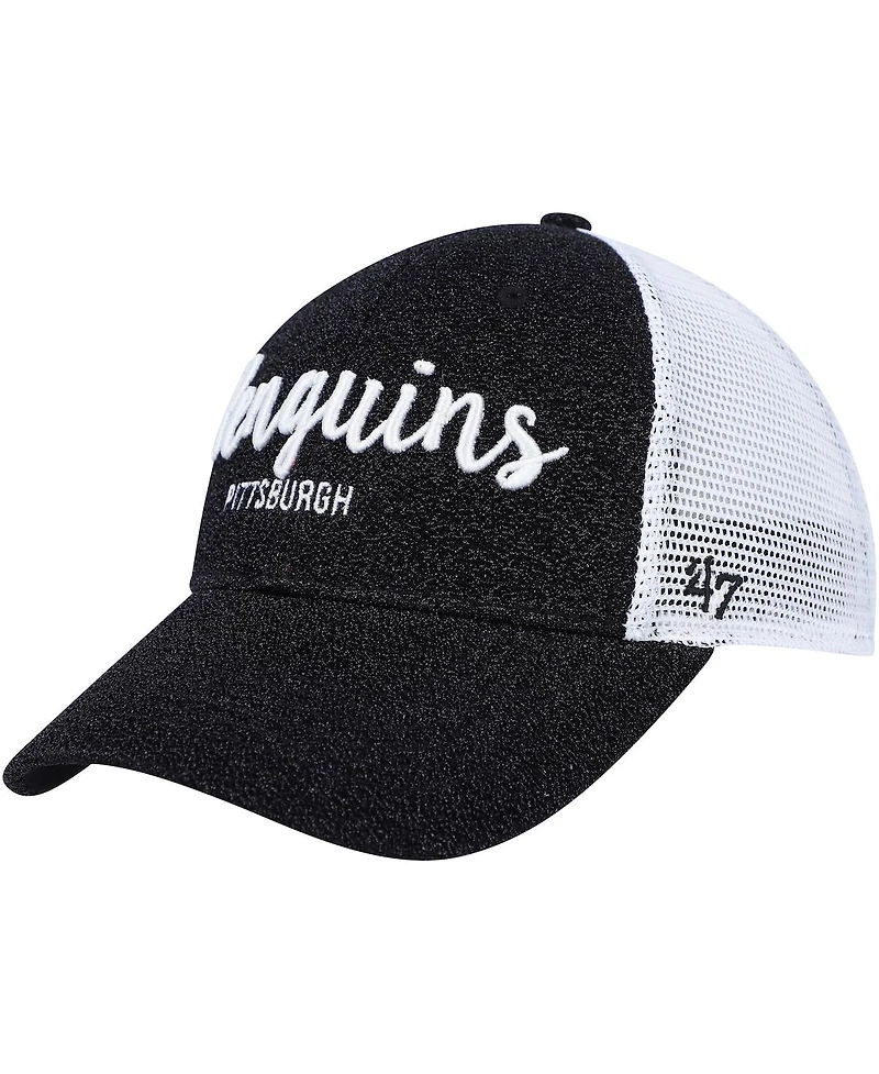 Women's '47 Brand Black, White Pittsburgh Penguins Encore Mvp Trucker Snapback Hat