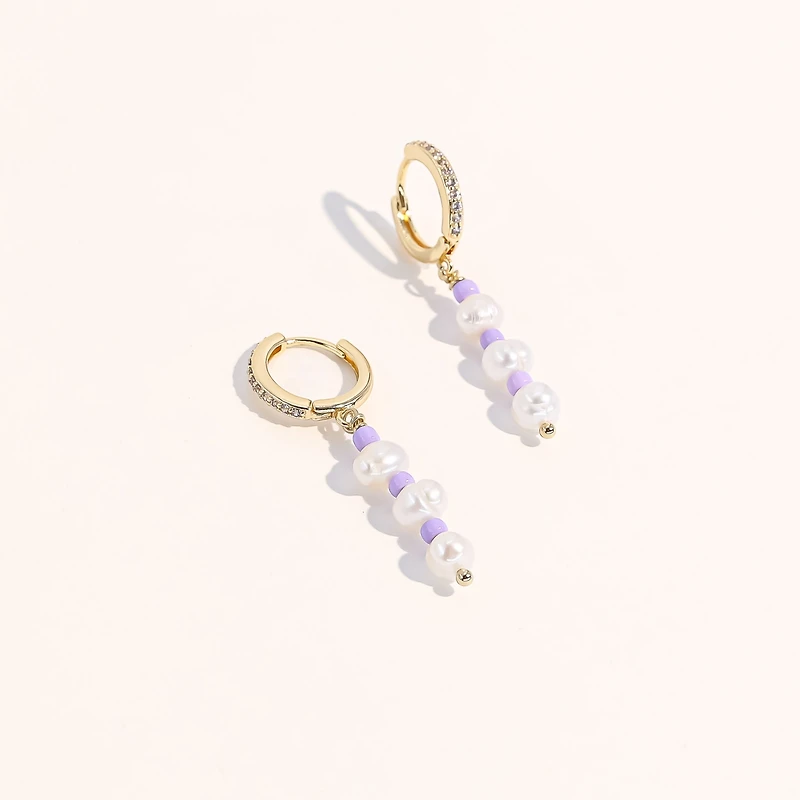Joey Baby 18K Gold Plated Freshwater Pearls with Purple Glass Beads - Taro Earrings For Women