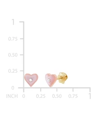Children's Pink Mother of Pearl & Crystal Heart Stud Earrings in 14k Gold