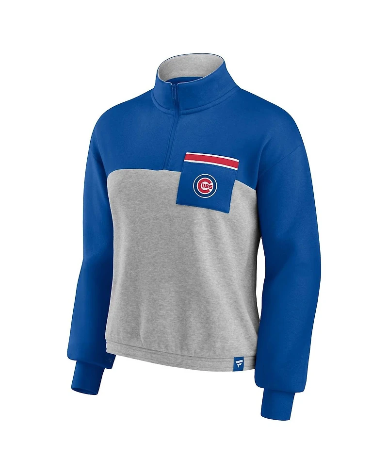 Women's Fanatics Royal, Heather Gray Chicago Cubs Iconic Cinch Waist Quarter-Zip Top