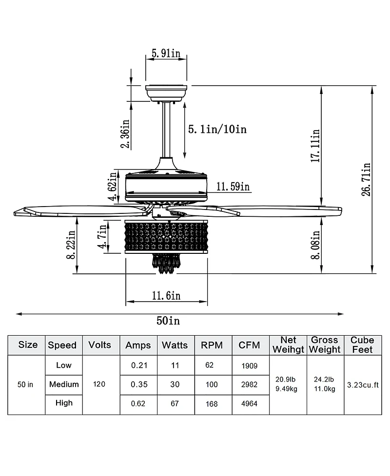 50'' Electric Crystal Ceiling Fan W/Light Adjustable Speed