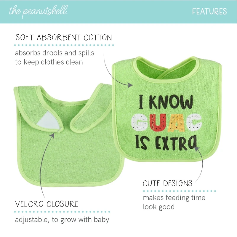 The Peanutshell Baby Girls Unisex Terry Bibs, 18 Pack for Feeding, Teething, or Drooling, Neutral Foods/Hello Sunshine