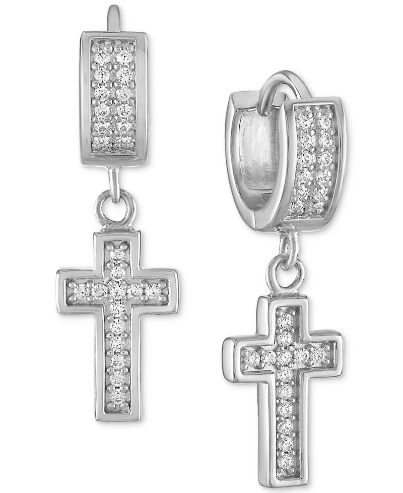 Esquire Men's Jewelry Cubic Zirconia Dangle Cross Huggie Hoop Earrings in Sterling Silver, Created for Macy's