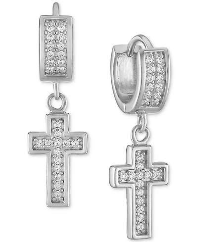 Esquire Men's Jewelry Cubic Zirconia Dangle Cross Huggie Hoop Earrings in Sterling Silver, Created for Macy's