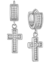 Esquire Men's Jewelry Cubic Zirconia Dangle Cross Huggie Hoop Earrings in Sterling Silver, Created for Macy's