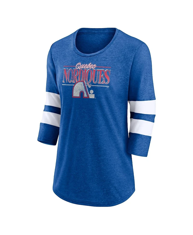 Women's Fanatics Heathered Royal, White Quebec Nordiques Full Shield 3/4 Sleeve Tri-Blend Raglan Scoop Neck T-shirt