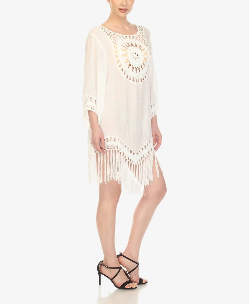 White Mark Women's Crocheted Fringed Trim 3/4 Sleeves Cover Up Dress