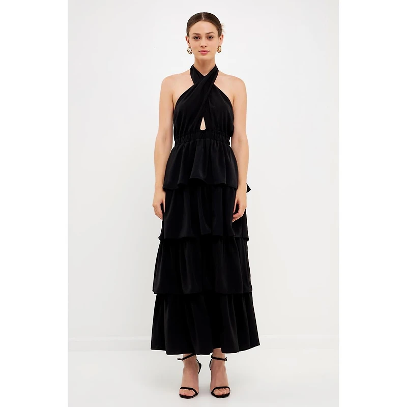 endless rose Women's Crossed Halter Neck Tiered Maxi Dress