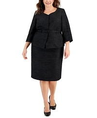 Le Suit Plus Metallic Tweed Belted Jacket & Pencil Skirt