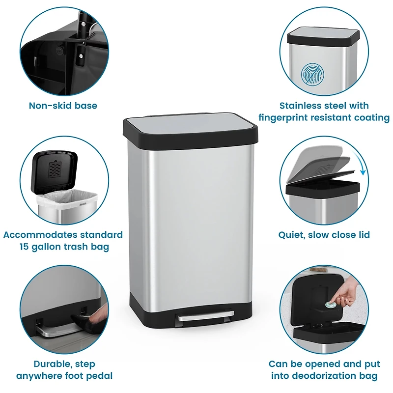 Mega Casa 14.5 Gal./55 Liter Rectangle Step-On Stainless Steel Trash Can for Kitchen