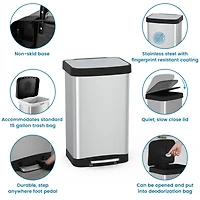 Mega Casa 14.5 Gal./55 Liter Rectangle Step-On Stainless Steel Trash Can for Kitchen