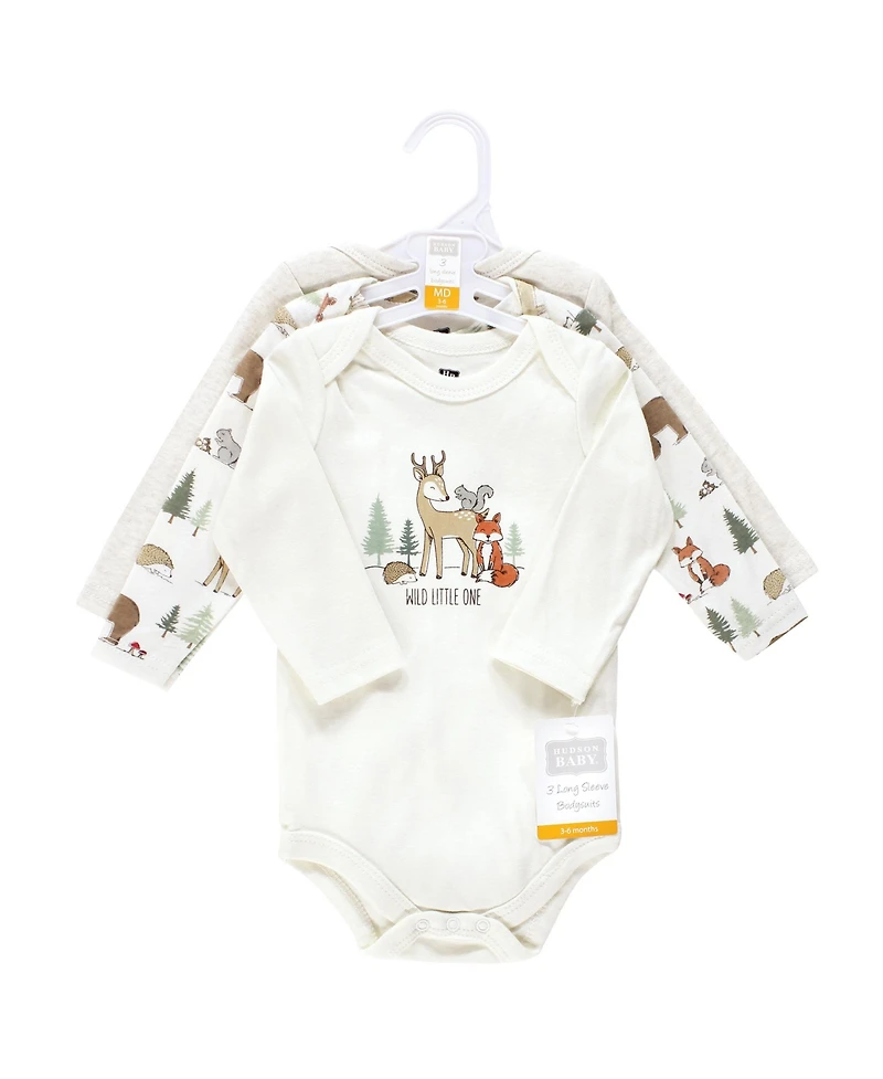 Hudson Baby Boys Cotton Long-Sleeve Bodysuits, Forest Animals 3-Pack