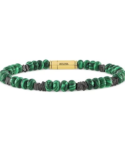 Bulova Men's Marine Star Malachite Beaded Bracelet in 14k Gold-Plated Sterling Silver